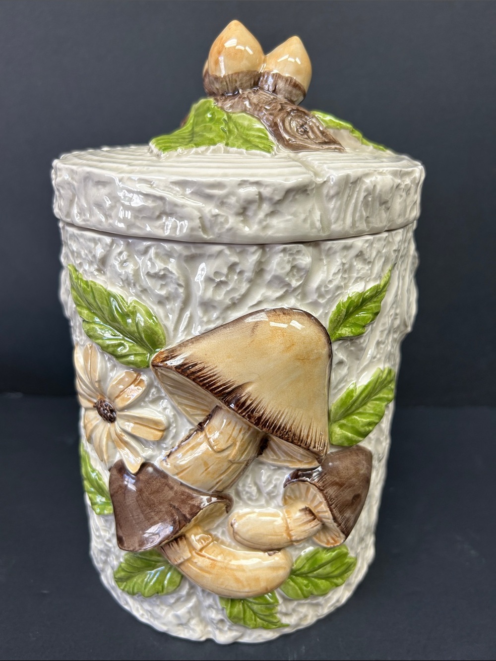 Vintage 1970’s hand painted ceramic 10 1/4” woodland forest mushroom canister